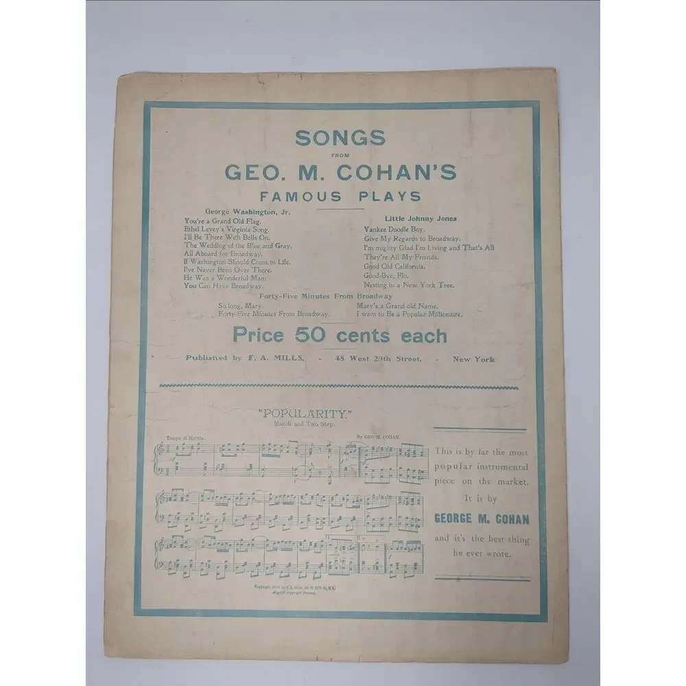 1906 Popularity Sheet Music by Geo M‎ Cohan Yankee Doodle Cohan